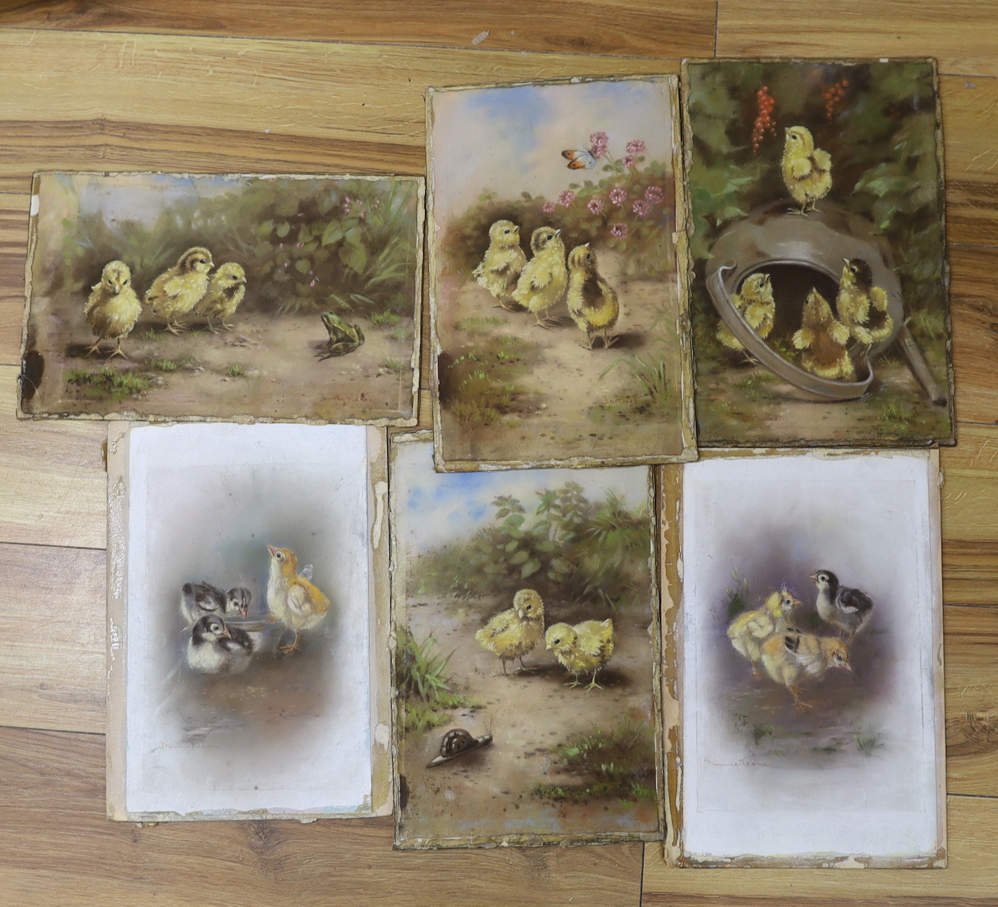 Dorothy and Minnie Keene (19th/20th. C), six original pastels for postcard designs, Easter Chicks, each signed, unframed, 23 x 36cm